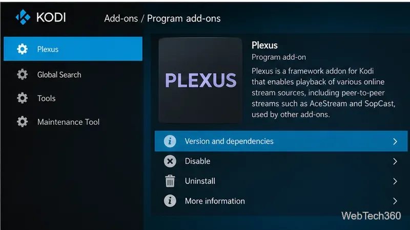 Plexusが選択され、バージョンとアンインストールコントロールが表示されたKodiプログラムアドオンの一覧例