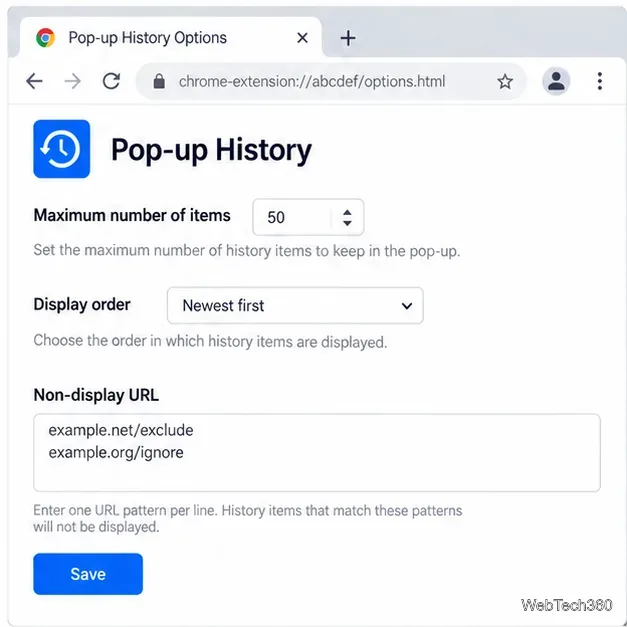 ポップアップ履歴オプションページには、最大アイテム数、表示順序、および非表示URLコントロールがあります。