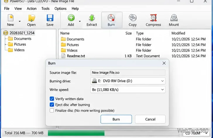 PowerISO burn dialog showing the writing drive, write speed, verify written data option, and Burn button