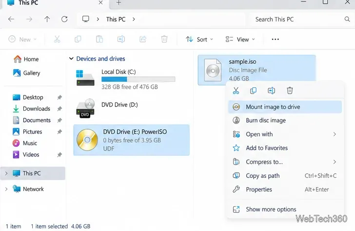 Windows File Explorer context menu showing PowerISO Mount image to drive for an ISO file