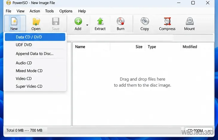 PowerISO New menu with Data CD and DVD selected for a new disc project