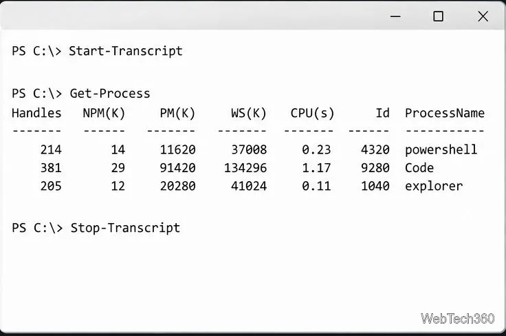 A plain-text PowerShell transcript excerpt showing Start-Transcript, Get-Process output, and Stop-Transcript.