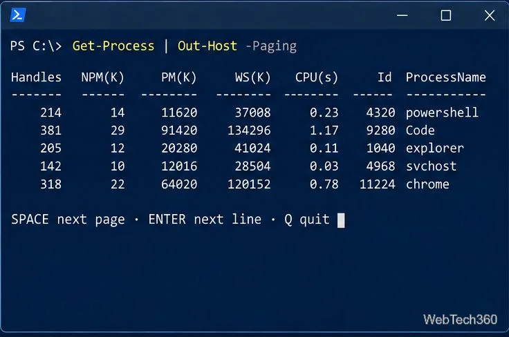 PowerShell displaying Get-Process output through Out-Host -Paging, with Space, Enter, and Q controls.