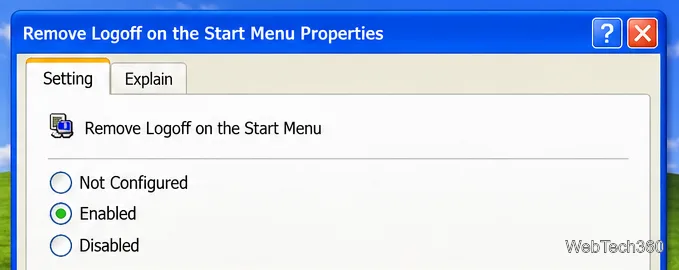 Windows XPのポリシープロパティで、「スタートメニューからログオフを削除する」に「有効」が選択されている。