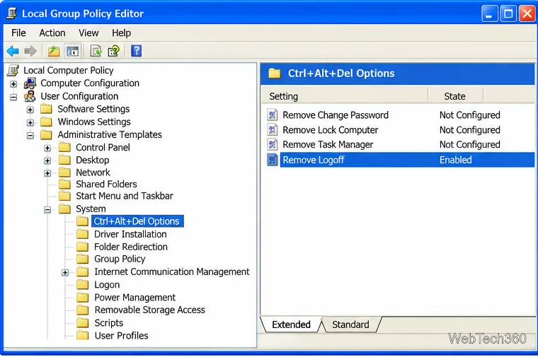 グループポリシーエディターをCtrl+Alt+Delオプションで開き、「ログオフの削除」を選択