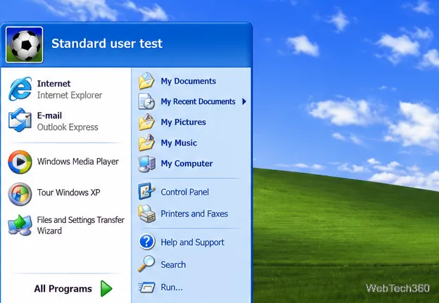 Windows XP のスタートメニューを、ログオフやコンピューターの電源オフを行わずに標準ユーザーテストアカウントで表示する