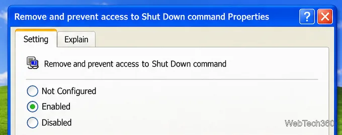 Windows XP ポリシー プロパティで、「シャットダウン コマンドを削除してアクセスを防止する」が有効に選択されている。