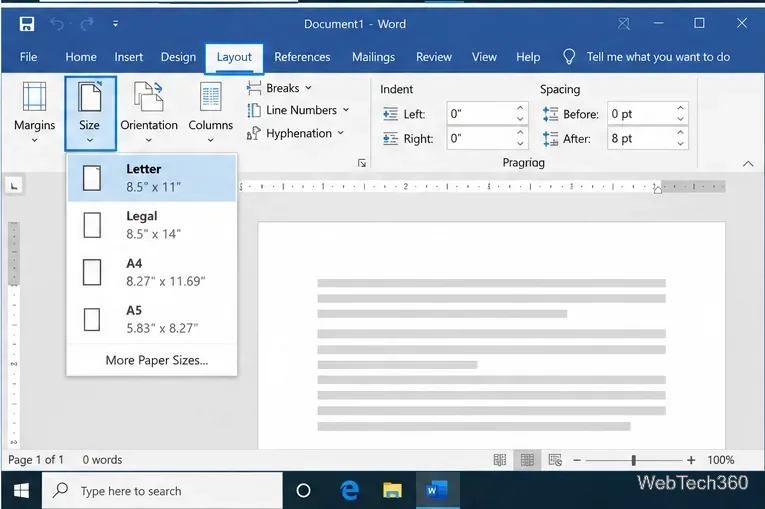 Microsoft Word Layout tab with the Size menu open and Letter paper selected