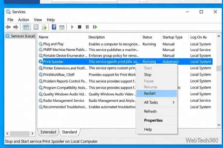 Windows 10 Services console with Print Spooler selected and Restart highlighted