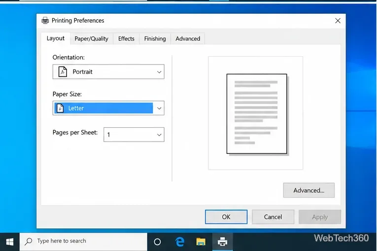 Windows printing preferences showing Portrait orientation and Letter paper size