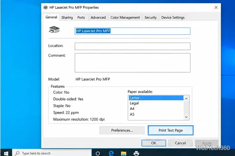 Windows 10 printer properties window with the Print Test Page button