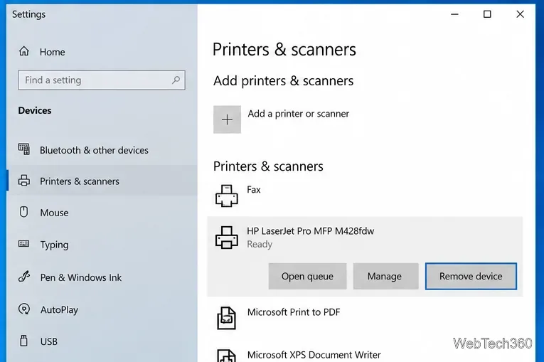 Windows 10 Printers and scanners page with the Remove device button highlighted