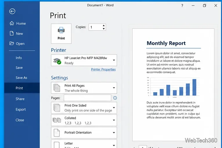Microsoft Word Print screen with a full-page preview and printer settings