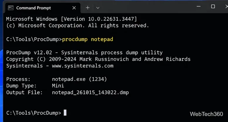 موجه الأوامر يُشغّل الأمر procdump notepad ويعرض اسم ملف minidump لعملية المفكرة