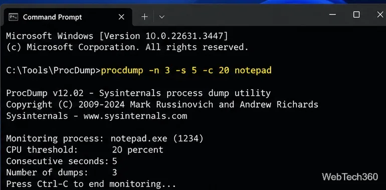موجه الأوامر يعرض أمر ProcDump الخاص بعتبة استخدام وحدة المعالجة المركزية مع ثلاث عمليات تفريغ، وخمس ثوانٍ، ونسبة تشغيل لوحدة المعالجة المركزية تبلغ 20%