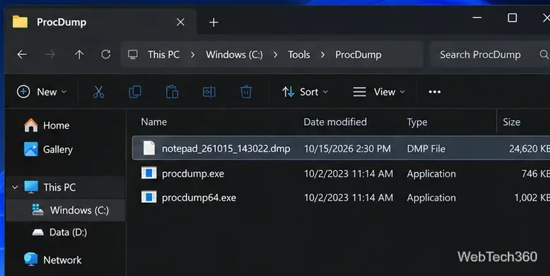 يعرض مستكشف ملفات ويندوز ملف تفريغ بيانات من برنامج المفكرة بامتداد .dmp بجوار ملفات ProcDump التنفيذية