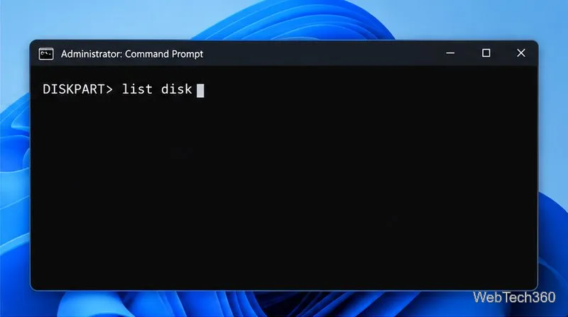 DiskPartは、接続されているディスクを表示するlist diskコマンドを実行する準備ができています。