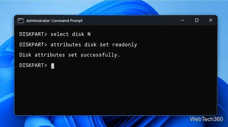 DiskPartは、ディスクが選択された後、読み取り専用属性を設定します。