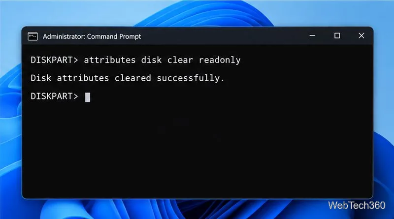 DiskPartは読み取り専用属性を解除し、選択したUSBディスクへの書き込みを再び可能にします。