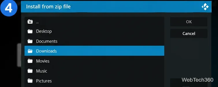 ダウンロードフォルダを選択した状態で、zipファイルブラウザからKodiをインストールします。