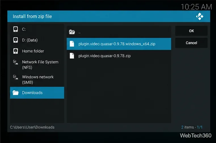 Kodiのファイルピッカーで、ダウンロードからQuasar Windows x64リリースZIPを選択する