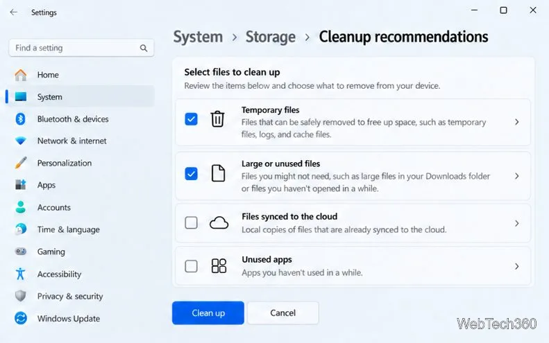 Tela de recomendações de limpeza do Windows 11 com grupos separados para arquivos temporários, arquivos grandes ou não utilizados, arquivos sincronizados na nuvem e aplicativos não utilizados.