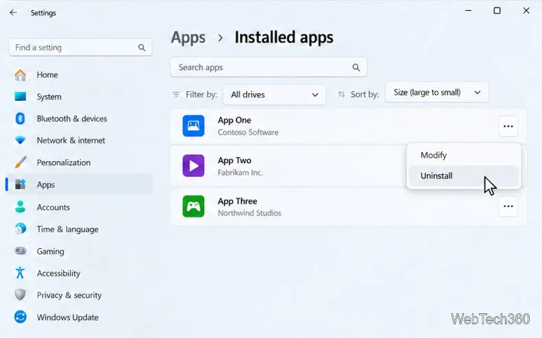 Lista de aplicativos instalados no Windows 11 com o menu Mais opções aberto e a opção Desinstalar destacada para um aplicativo selecionado.