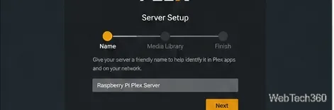 Plexサーバーの設定画面。サーバー名入力欄と設定の進行状況を示す手順が表示されます。