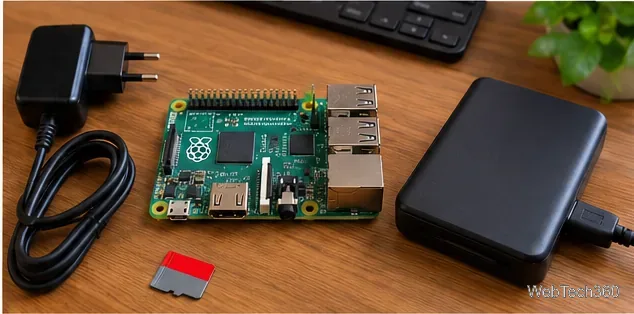 接続された外付けストレージドライブ、電源アダプター、microSDカードの横に置かれたRaspberry Pi。