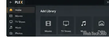 Plexライブラリの選択インターフェース。映画、テレビ番組、音楽、写真のオプションがあります。