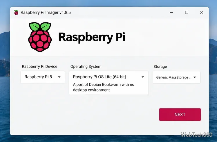 Raspberry Pi Imagerの選択画面には、Piのモデル、64ビット版Raspberry Pi OS Lite、およびストレージが表示されます。