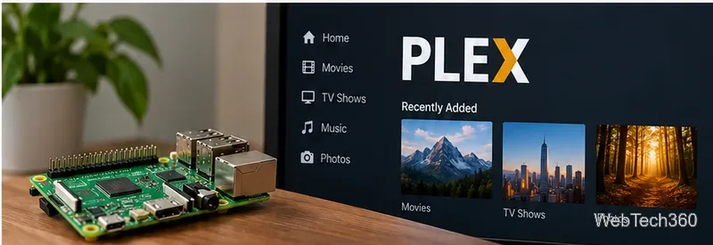 映画、テレビ番組、写真のセクションを含むPlexメディアライブラリが表示された画面の横に、Raspberry Piが置かれている。
