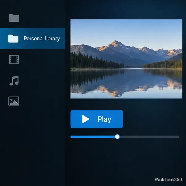 自然動画のサムネイルと再生ボタンが表示された、Kodi風の個人ライブラリ画面。