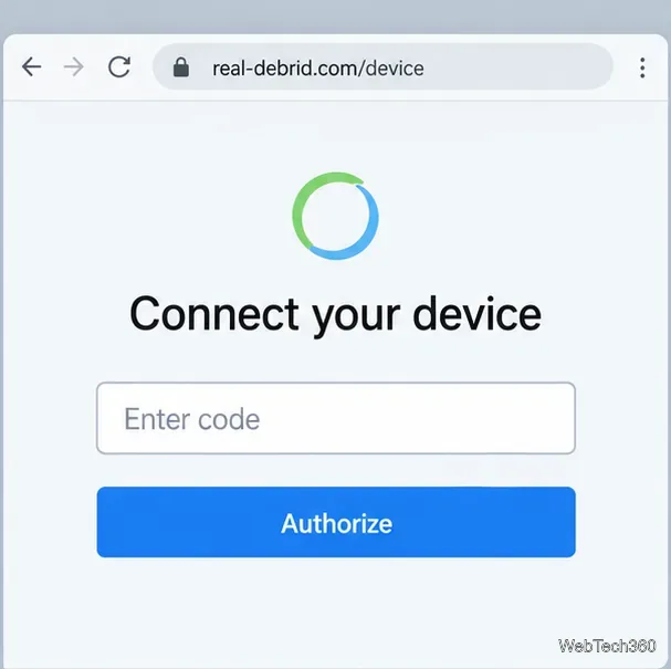 「デバイスを接続する」という見出しと空のコード入力欄があるReal-Debridデバイスページ。