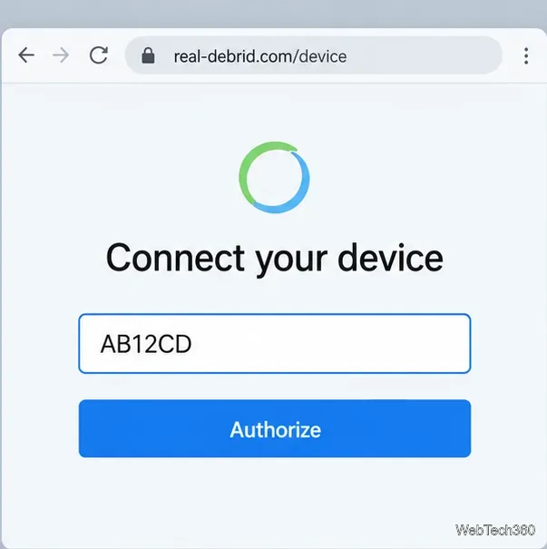 Real-Debridデバイスのページ。認証ボタンの上にサンプルコードが入力されている。