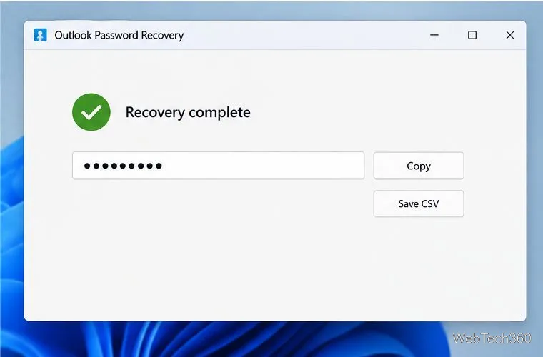 パスワードがマスクされた復元結果ウィンドウと、CSVのコピーおよび保存コントロールが表示されます。