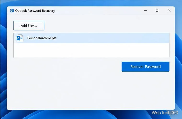 Outlookのパスワード回復ユーティリティで、PSTファイルが選択され、「パスワードを回復」ボタンが表示されている状態。