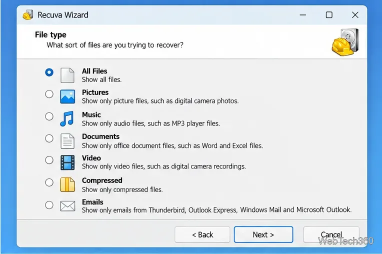 Recuvaウィザードのファイルタイプ画面には、すべてのファイル、画像、音楽、文書、ビデオ、圧縮ファイル、およびメールが表示されます。