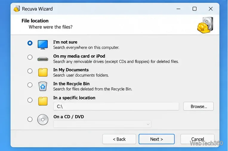 Recuva Wizardのファイル場所画面には、ごみ箱、ドキュメント、リムーバブルメディア、および特定の場所のオプションが表示されます。