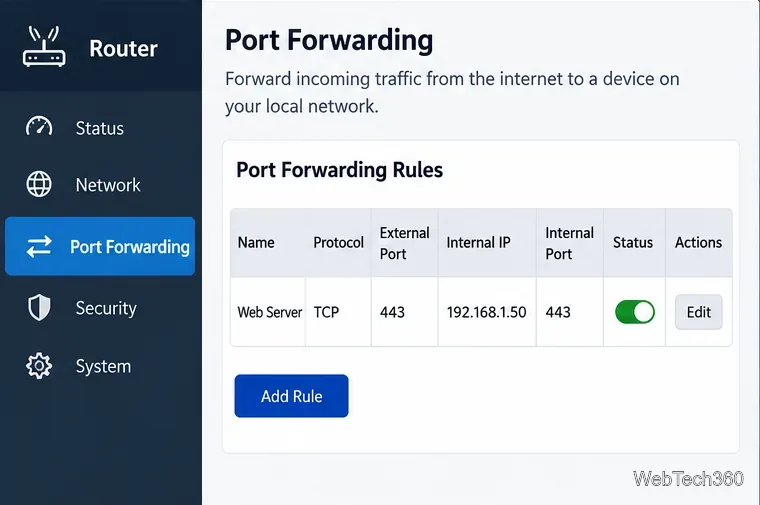 Page de configuration du routeur pour la redirection du port TCP externe 443 vers l'adresse IP interne 192.168.1.50 et le port 443