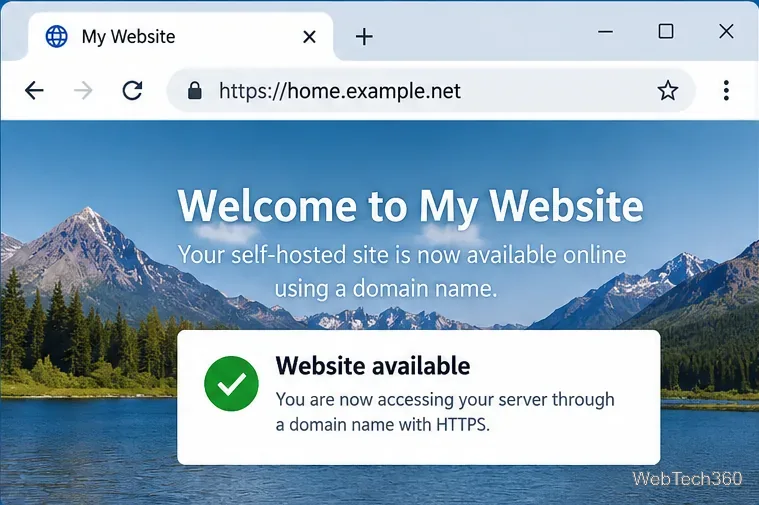 Navigateur Web affichant un site Web HTTPS à l'adresse home.example.net avec le message vert « Site Web disponible ».