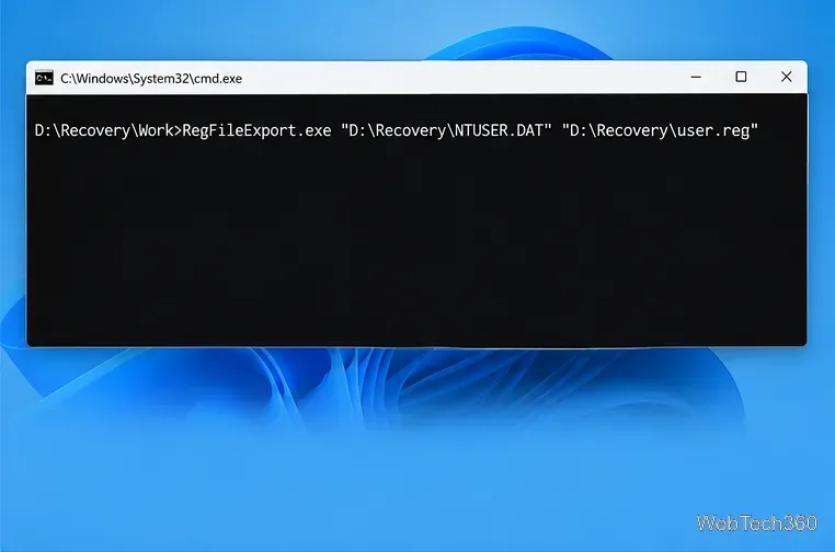 コマンドプロンプトで、コピーしたNTUSER.DATをソースファイルとして、別のuser.regを宛先ファイルとしてRegFileExport.exeを呼び出す例を示します。
