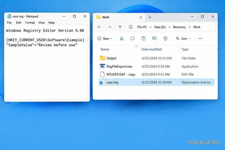 ファイルエクスプローラーの横に、サンプルuser.regファイルのメモ帳によるレビューが表示されており、エクスポートおよび保存されたNTUSER.DATコピーが示されています。