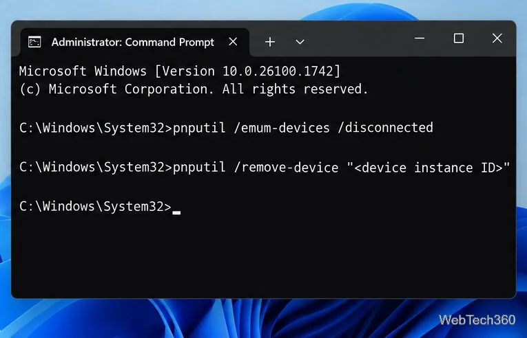Administrator Command Prompt showing PnPUtil commands to list disconnected devices and remove one by instance ID.