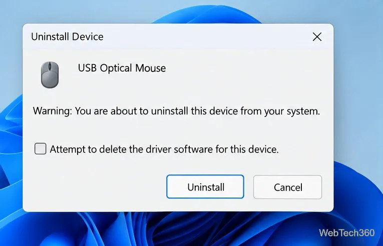 The Uninstall Device confirmation for a USB Optical Mouse with the driver deletion option unchecked.