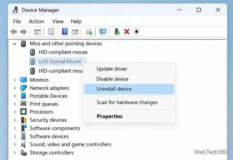 A faded USB Optical Mouse entry selected in Device Manager with Uninstall device highlighted.