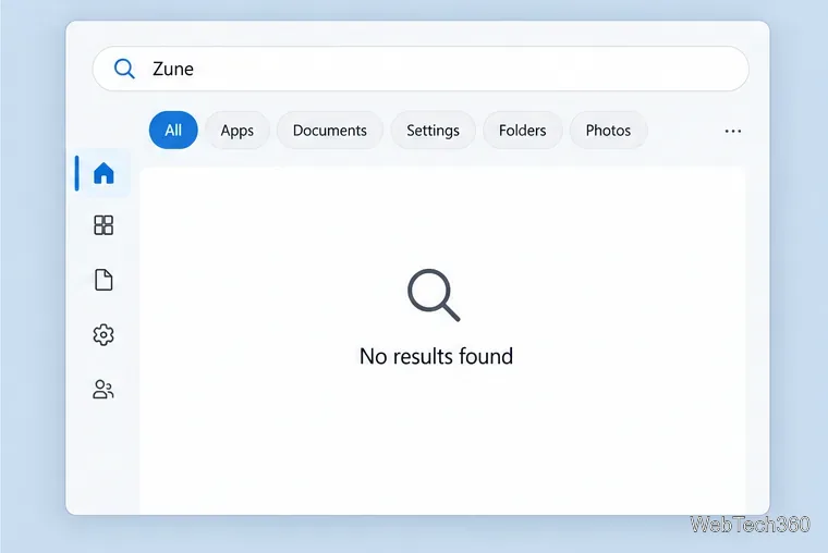 Esempio illustrativo: Avvia la ricerca di Zune in Windows e visualizza un'area dei risultati vuota