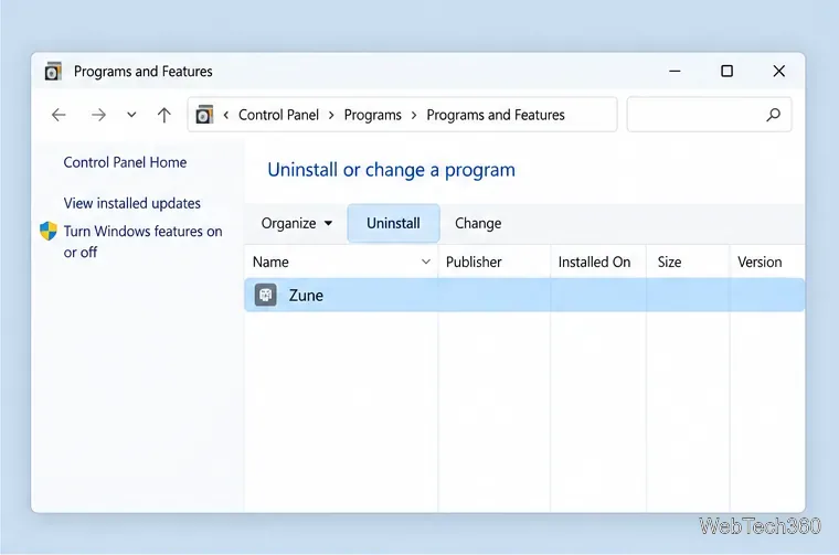 Esempio illustrativo dell'elenco Programmi e funzionalità del Pannello di controllo con Zune selezionato e il comando Disinstalla disponibile.