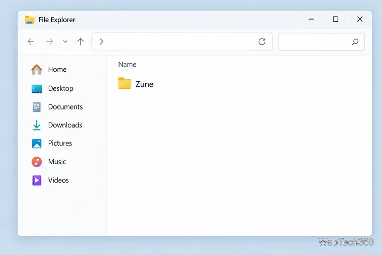 Visualizzazione illustrativa di Esplora file che mostra una singola cartella denominata Zune per un'attenta ispezione dei file residui.