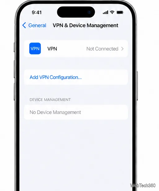 Tela de gerenciamento de VPN e dispositivos com uma linha para VPN e a opção Adicionar configuração de VPN.